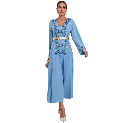 Wholesale Muslim Women's Autumn V Neck Embroidery Slim Dress With Belt