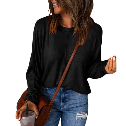 Round Neck Solid Color Long Sleeve Loose Pullover Hoodie