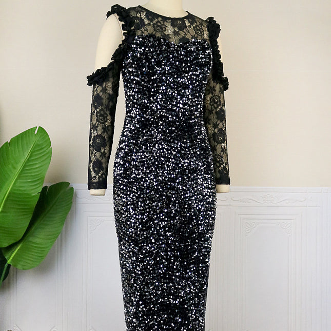 Fall Ladies Strapless Sequin Lace Stitching Wrap Hip Dress