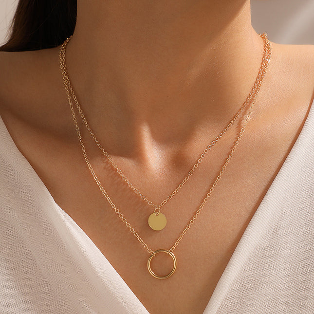 Metal Disc Geometric Ring Double Layer Necklace