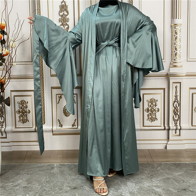 Conjunto de chaqueta de cárdigan con vestido de manga larga de satén para damas musulmanas