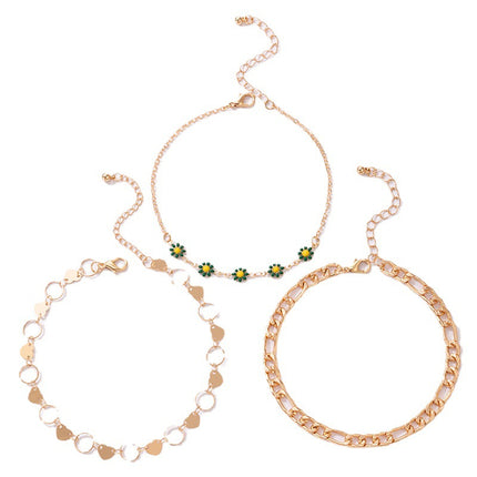 Flower Love Gold Anklet Three-piece Set Metal Disc Chain Anklet