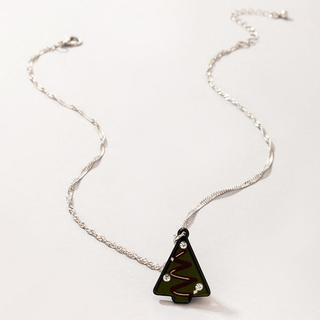 Geometric Rhinestone Christmas Tree Resin Single Layer Necklace