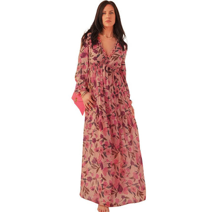 Wholesale Women's V-Neck Ruffle Puff Sleeve Floral Dress