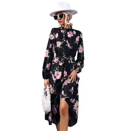 Wholesale Women's Fall Half Turtleneck Printed Chiffon Long Sleeve Dress