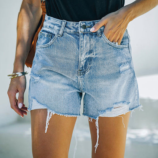 Wholesale Women's Washed Hole Button High Elastic Denim Shorts