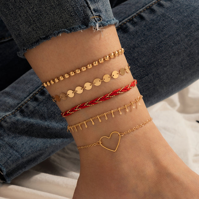 Heart Hollow Woven Multilayer Anklet Geometric Disc Chain Five Layer Anklet