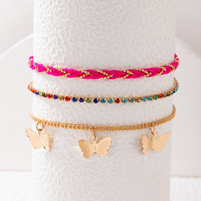 Colorful Rhinestone Butterfly Three-tier Anklet