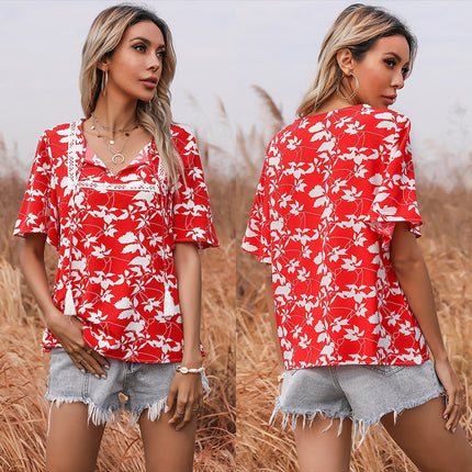 Wholesale Ladies Summer Red Print Short Sleeve Lace V Neck Shirt