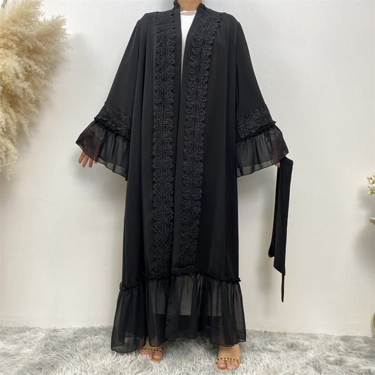 Dubai Middle East Embroidery Lace Up Muslim Cardigan Robe