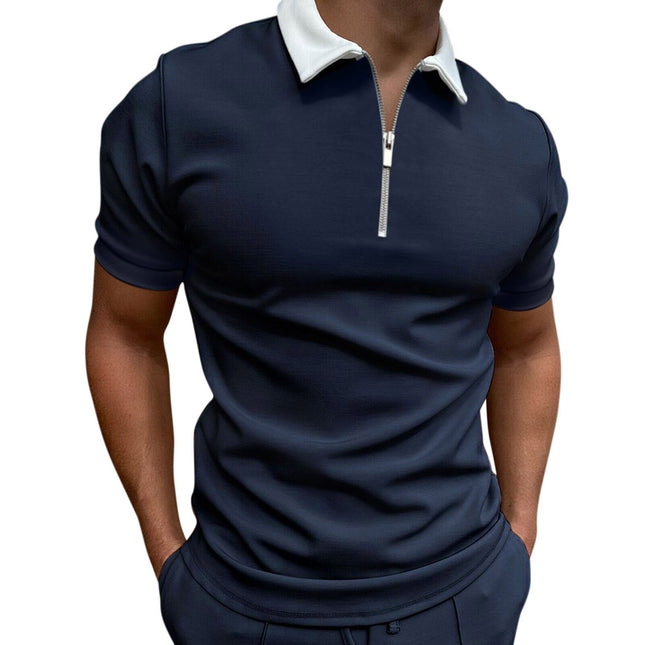Wholesale Men's Printed Slim Zipper Lapel Pullover Short Sleeve Polo Shirt