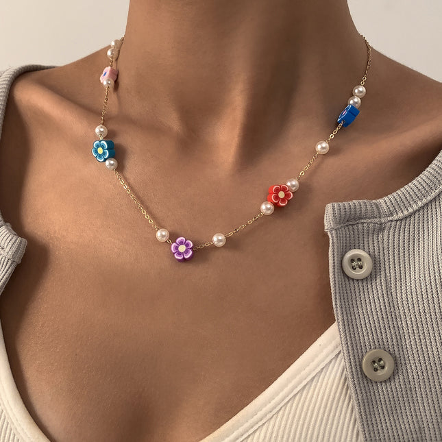 Venta al por mayor collar de perlas de imitación collar de cadena fina flor ahumada