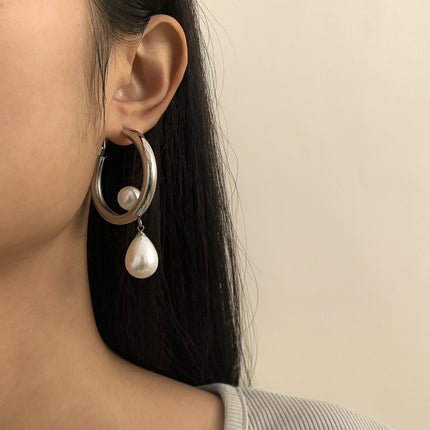 Hollow Out Large Circle Water Drop Pearl Stud Earrings