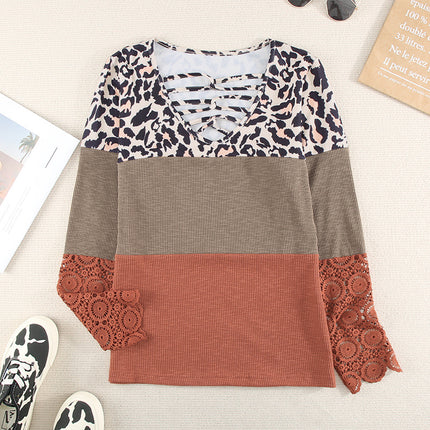 Wholesale Women's Leopard Print Contrasting Lace Casual T-Shirt