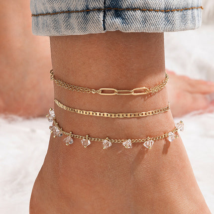 Gold Buckle Crystal Tassel Pendant Geometric Anklet 3 Pieces