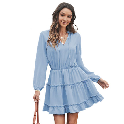 Wholesale Women's Solid Color V Collar Balloon Sleeve Ruffle Short Dress