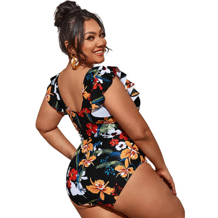 Wholesale Women's Plus Size Wide Strap One-Piece Bikini Print Swimsuit
