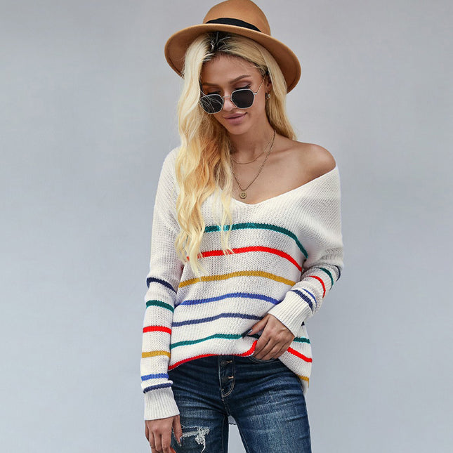Wholesale Women's Striped V-Neck Off-Shoulder Loose Knit Sweater