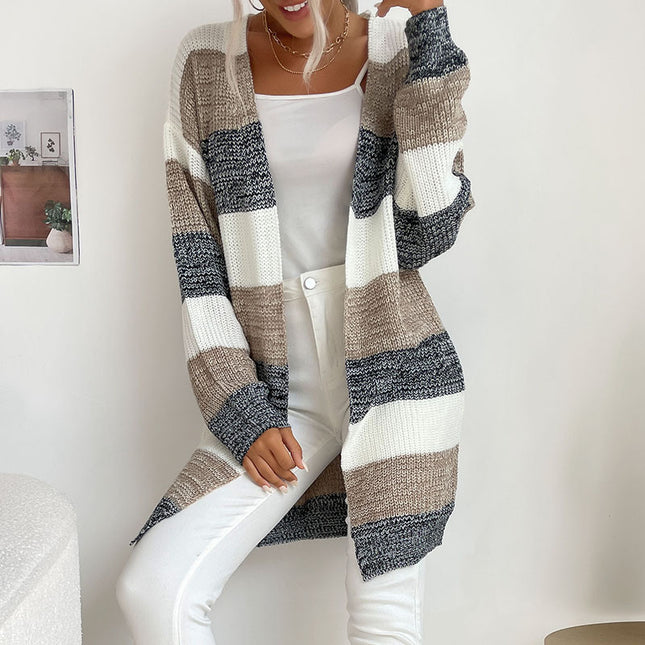 Abrigo de suéter a rayas de cárdigan de punto de otoño invierno para mujer