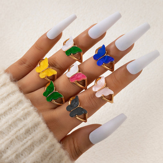 Colorful Butterfly Resin Sweet Seven-Piece Ring Set