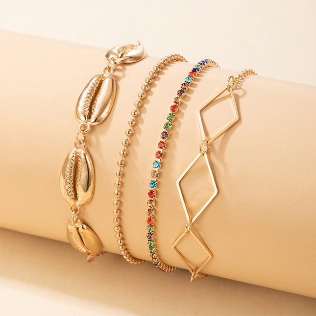 Colorful Rhinestone Shell Alloy Beads Multilayer Anklet