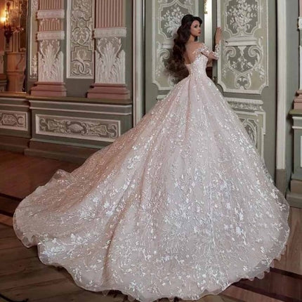 Wholesale Plus Size Long Trailing Mid Waist Long Sleeve Wedding Dress
