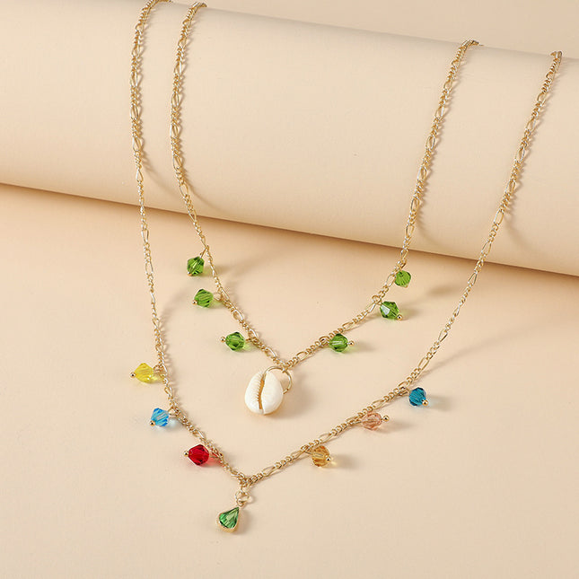 Shell Tassel Alloy Color Rice Bead Water Drop Two Layers Necklace Set