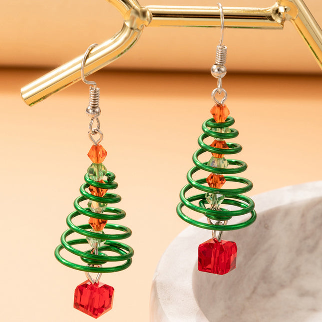 Green Christmas Tree Spiral Ear Hook Geometric Beaded Drop Earrings