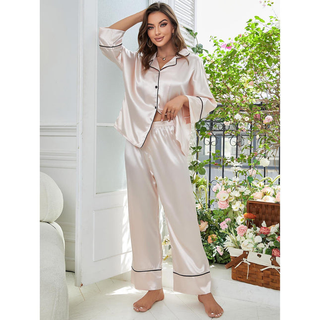 Conjunto de pijamas de seda de imitación para mujer, pantalones de manga larga, ropa de casa