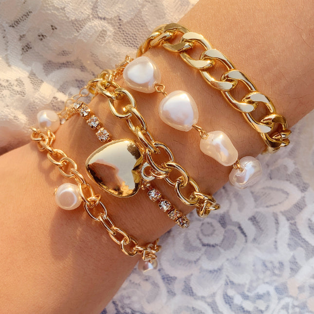 Conjunto de joyería de cadena de corazón de hip hop con pulsera de perlas en forma de venta al por mayor