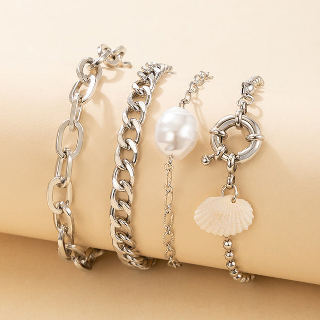 Shell Pearl Thick Chain 4 Piece Bracelet