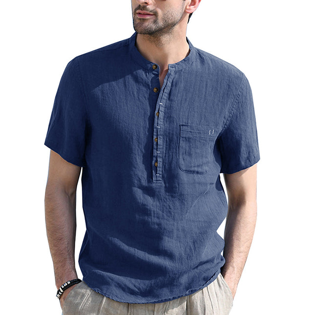 Einfarbiges Kurzarm-Baumwoll-Leinen-Hemd mit Taschen für Herren