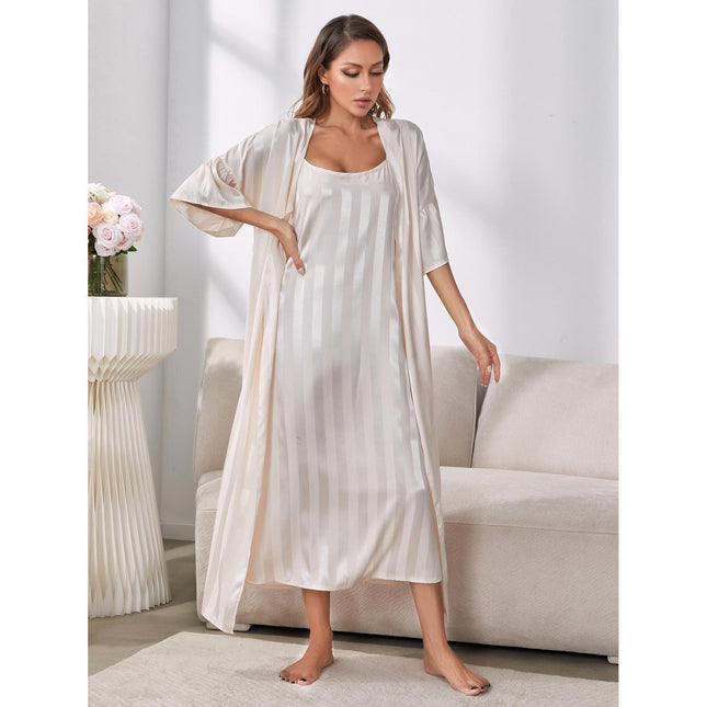 Imitation Silk Long Sleeve Ice Silk Nightgown Homewear Set