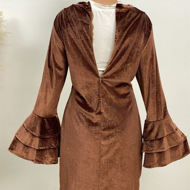 Dicke Pleuche-Trompetenärmel, einfarbiges, glänzendes Kleid Abaya