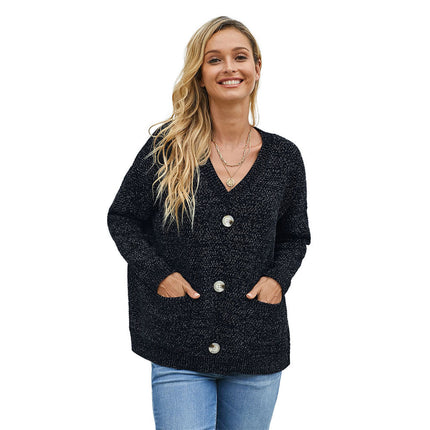 Wholesale Women's Solid V-Neck Knit Cardigan Chenille Sweater