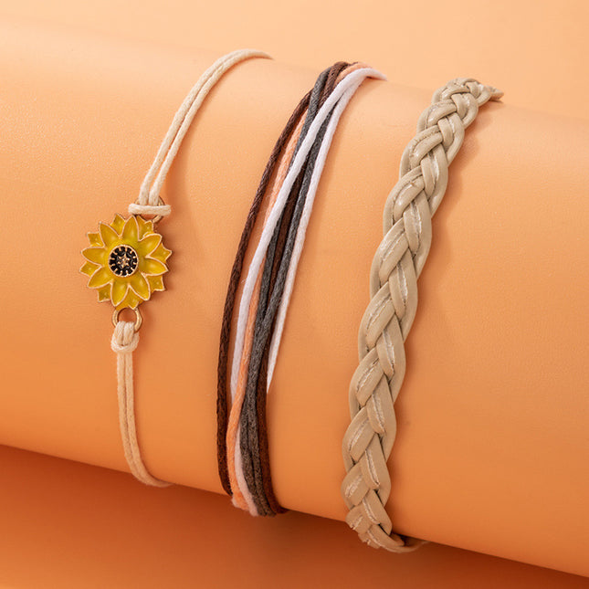 Metal Glossy Cord Beaded Small Daisy Flower Anklet Set of Three