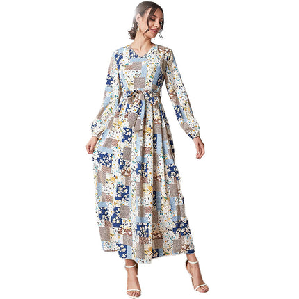 Wholesale Women's Spring Summer Printed High Waist V Neck Dress