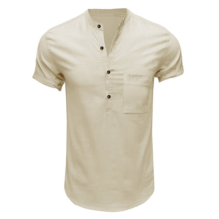 Camisa de lino y algodón de manga corta con bolsillo de color liso para hombre