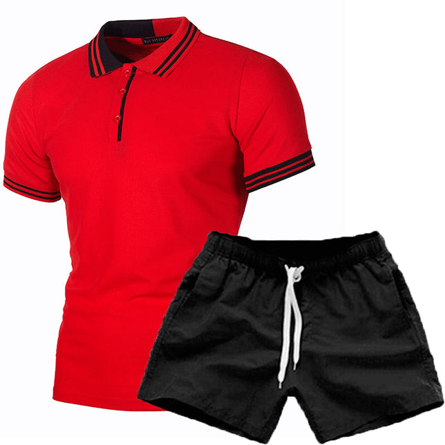 Gestreifter, farblich passender, schmaler, lässiger Poloshirt-Shorts-Anzug für Herren