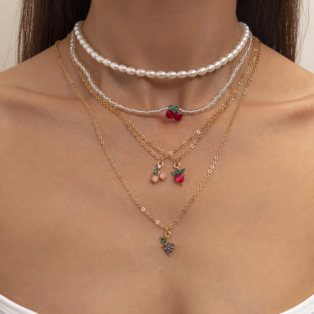 Retro-Hirse-Korn-Rhinestone-Kirschfrucht-Perlen-Halskette