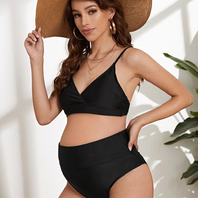 Traje de baño de playa sexy dividido negro de color sólido para mujeres embarazadas