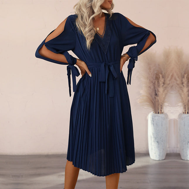 Wholesale Women's Autumn Hollow Long Sleeve Pleated Solid Color Dress