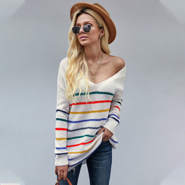 Wholesale Women's Striped V-Neck Off-Shoulder Loose Knit Sweater
