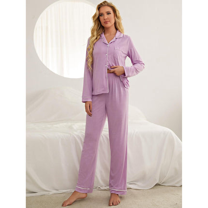 Pajama Ladies Solid Color Long Sleeve Cardigan Pants Set