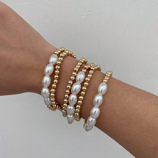 Retro Geometric Round Bead Metal Pearl Bracelet Set