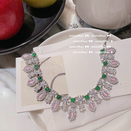 Grün-Rosa-Opal-Halskette 18 Karat vergoldetes Zirkon-Halsketten-Ohrring-Set
