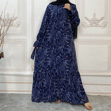 Wholesle Muslim Print Bell Sleeve gefüttertes Mode-Chiffon-Kleid