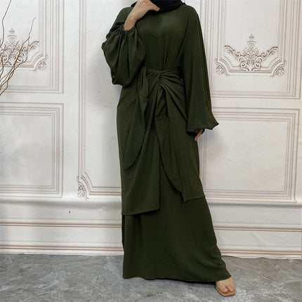 Women's Long Sleeve Dress with Wrap Abaya 2 Piece Set