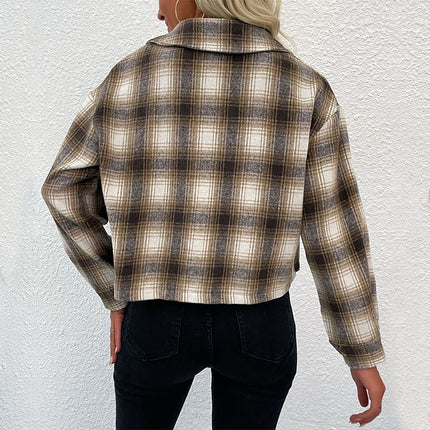 Wholesale Women's Autumn Winter Short Check Lapel Cardigan Jacket
