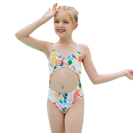 Einteiliger rückenfreier Badeanzug für Kinder, mehrfarbiges Gekritzel